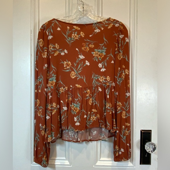 American Eagle Floral Boho Tie Front Babydoll Top Burnt Orange Keyhole - Size L - Picture 3 of 4